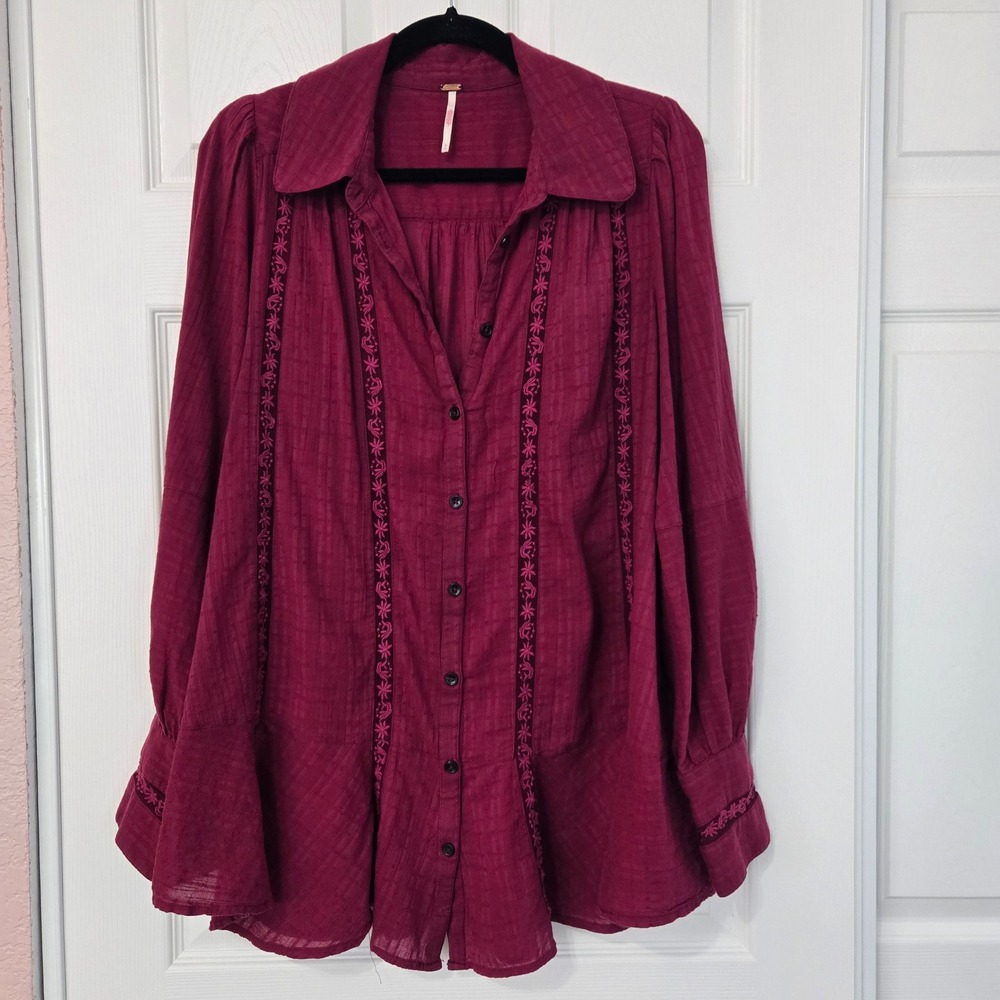Free People Berry Wine Mikaela Tunic Blouse Button Down Top Medium